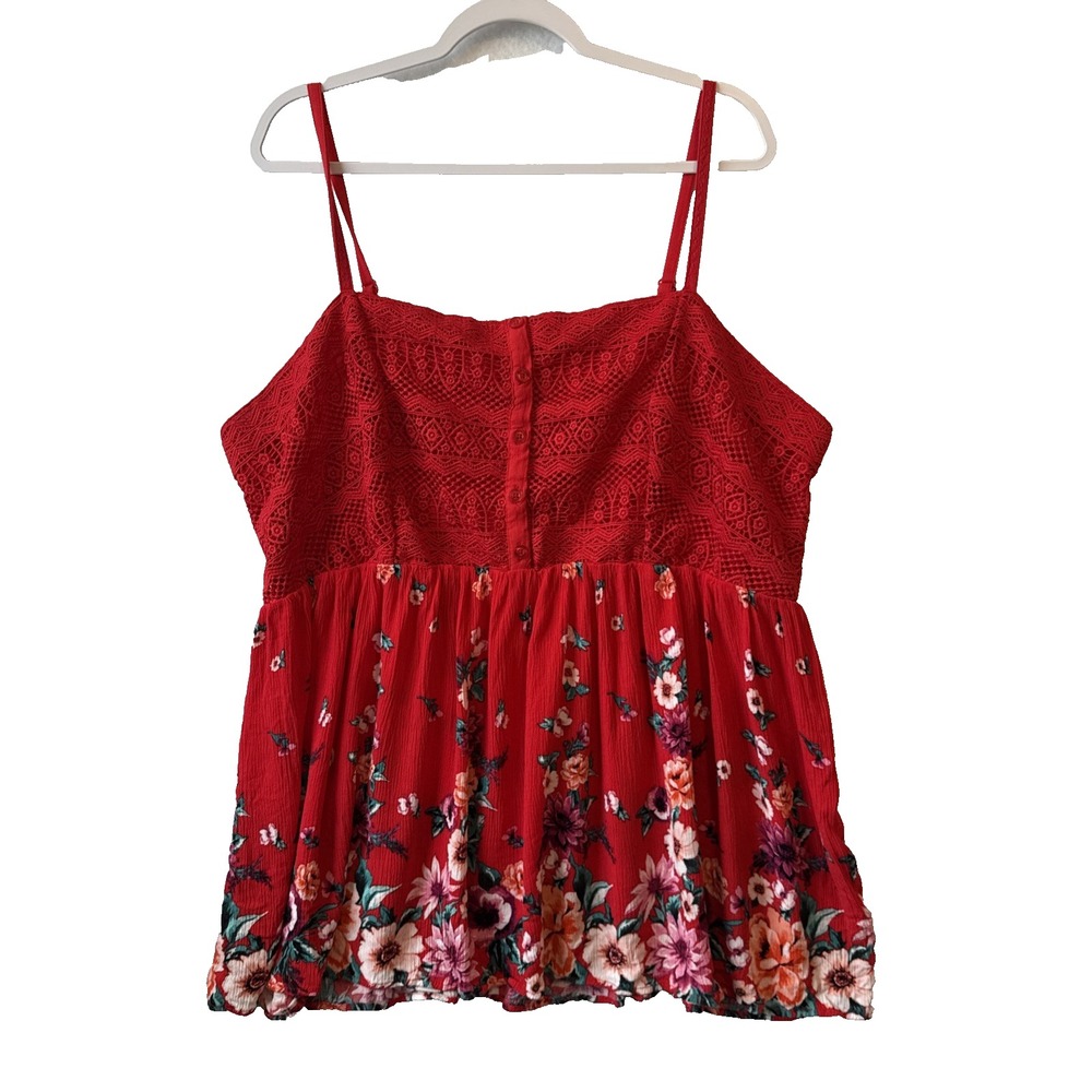 Torrid Babydoll Floral Crochet Cami Tank Top Womens Plus 3 Gauze Red Whimsy Boho